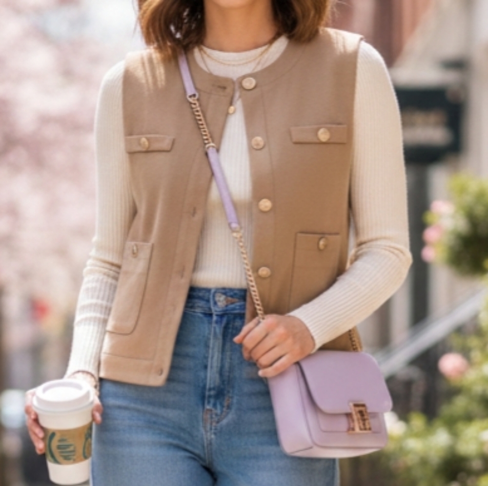 Autres Filles Tan Cropped Vest with Gold Crest Buttons - Small
